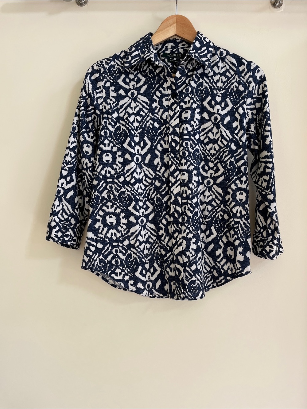 Lauren by Ralph Lauren Navy & White Button Down Shirt with 3/4 Length sleeve